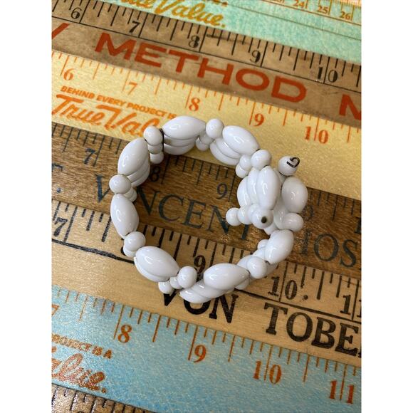 Vintage BEADED Open Cuff Bracelet White MILK Glass Beaded Wire Cuff Stretch - Picture 8 of 10